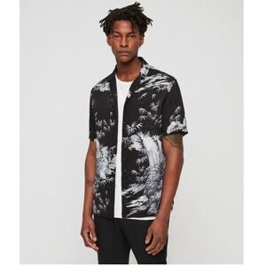 All Saints Java Camp Shirt Men Medium Black White Japanese Tiger Hawaiian SS
